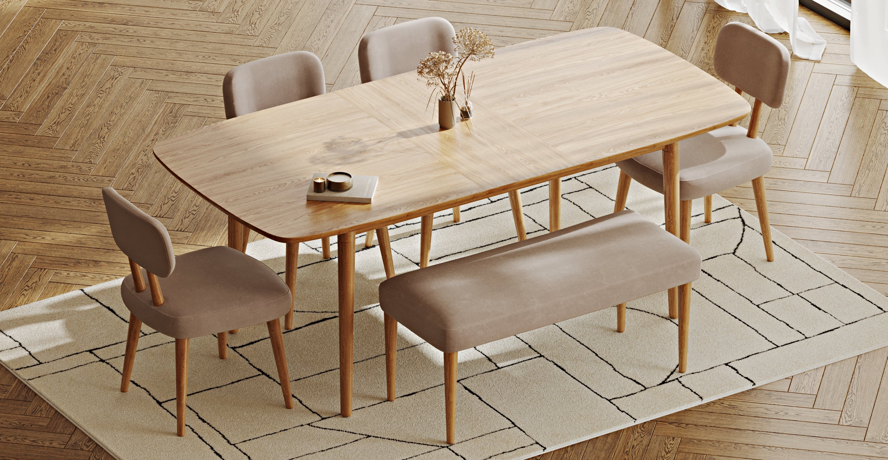 Lyno 97x160 Cm Açılır Yemek Masası Takımı (Bench&4Lü Roa) - Kadife - Image 194