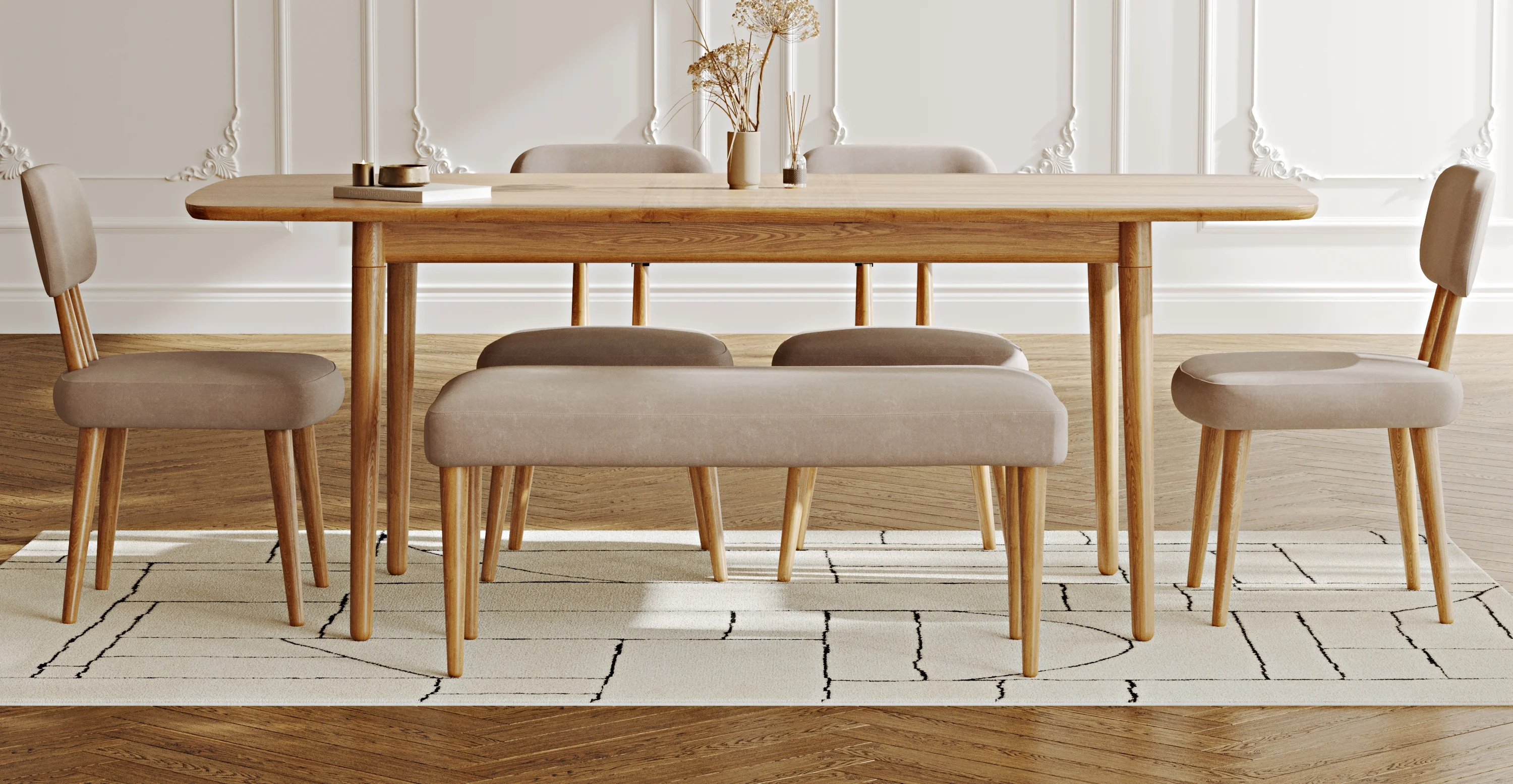 Lyno 97x160 Cm Açılır Yemek Masası Takımı (Bench&4Lü Roa) - Kadife - Image 196