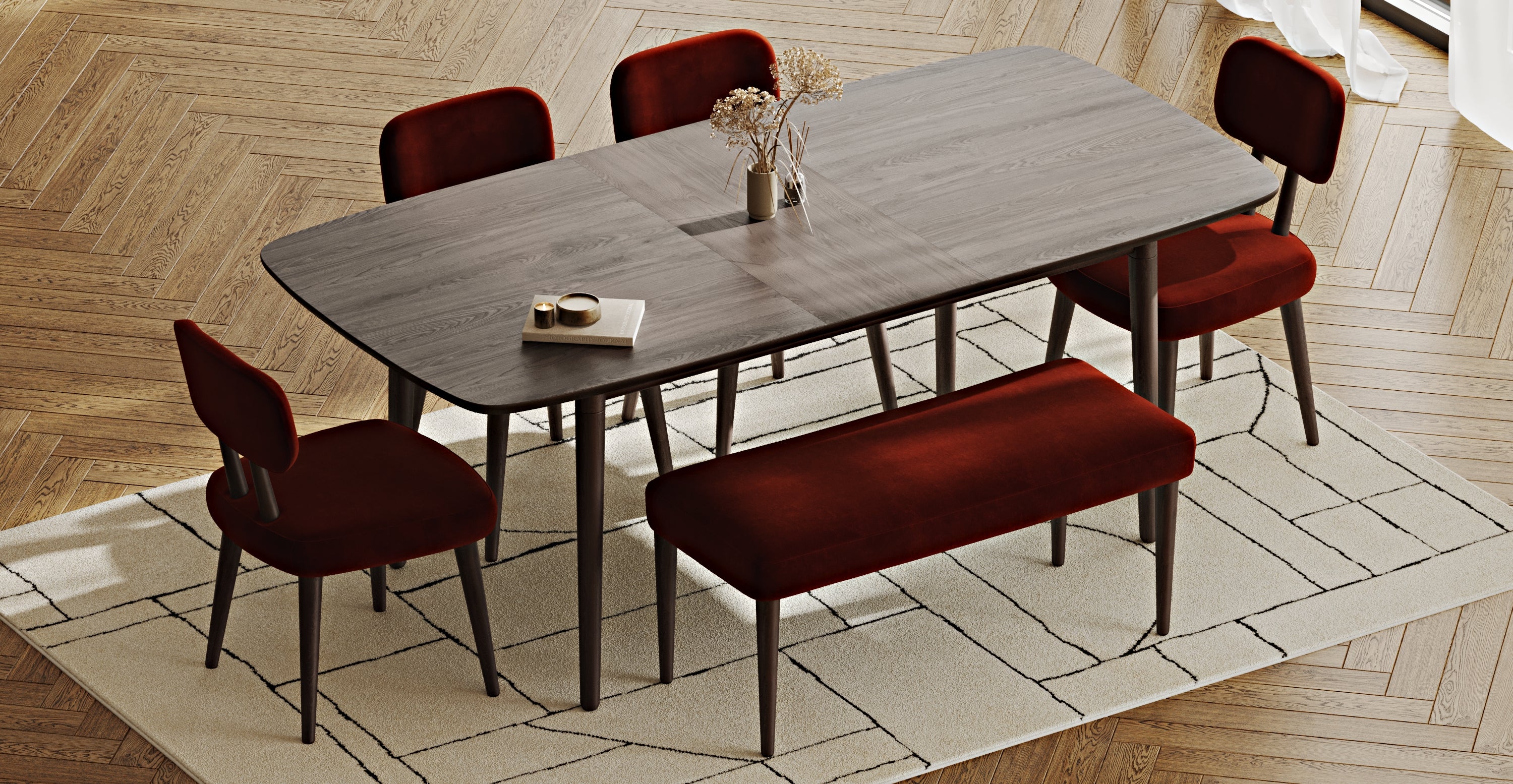 Lyno 97x160 Cm Açılır Yemek Masası Takımı (Bench&4Lü Roa) - Kadife - Image 200