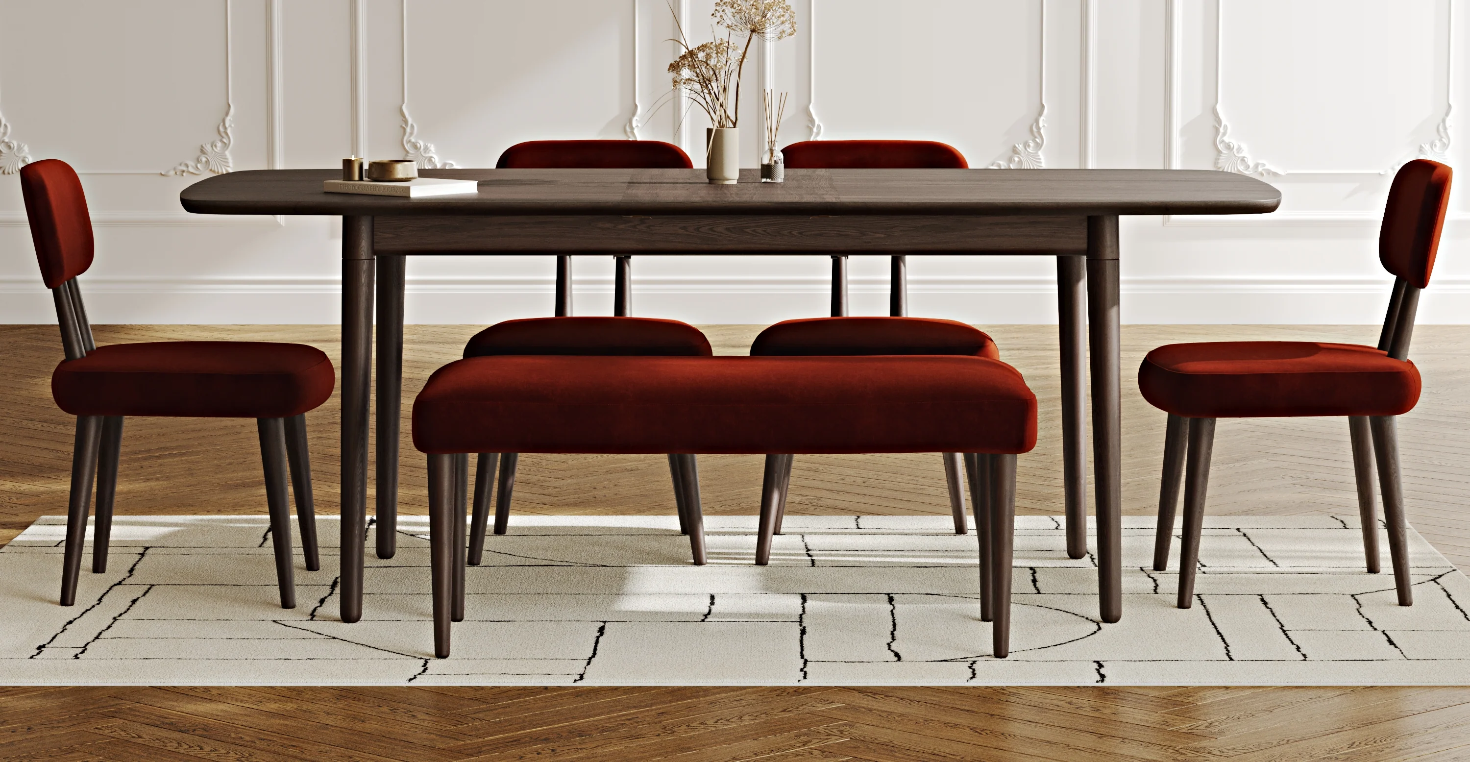 Lyno 97x160 Cm Açılır Yemek Masası Takımı (Bench&4Lü Roa) - Kadife - Image 202